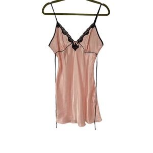 ND Intimates Pink Satin Lace Trim Chemise Nightgown Tie Back Slip Dress Medium